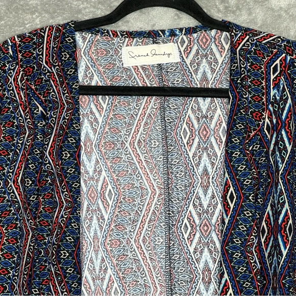 French Laundry 1X Cardigan Sweater Blue Red Geometric 3/4 Sleeve Open Stretch - Picture 4 of 7